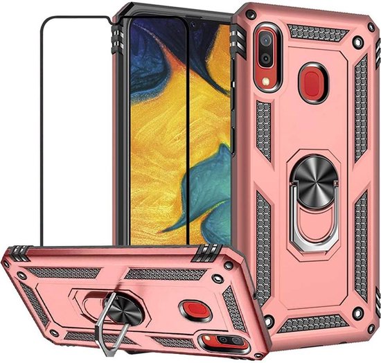 Samsung Galaxy A10 Hoesjes – Ring Armor Backcover – Schokbestendig – Inclusief Full Screenprotector – Roségoud-Ilumina Benelux