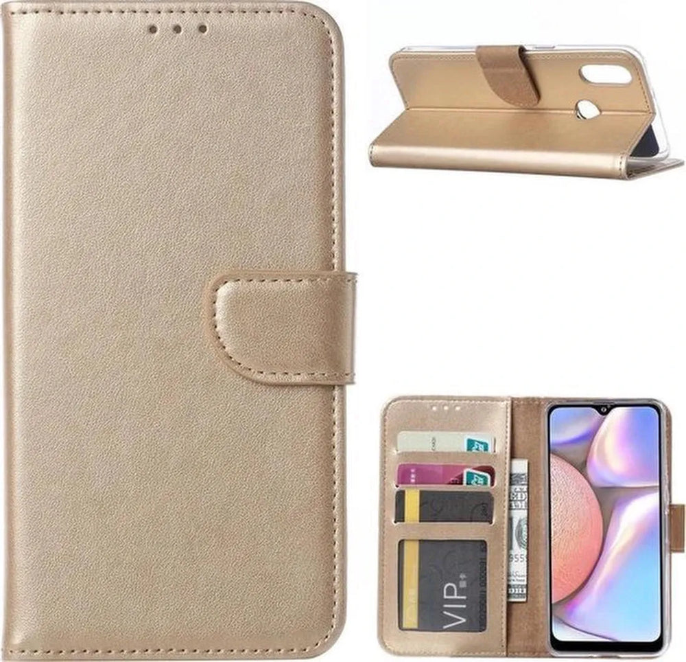 Samsung Galaxy A10e Hoesjes – Portemonnee Hoes – Magneetsluiting – Inclusief 2x Gehard Glas Screenprotector – Goud-Ilumina Benelux