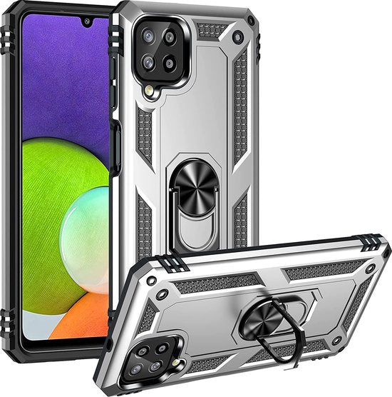 Samsung Galaxy A12 Hoesjes – Ring Armor Backcover – 360° Draaibare Standaard – Magneet – Zilver-Ilumina Benelux