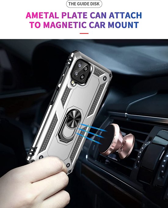 Samsung Galaxy A12 Hoesjes – Ring Armor Backcover – 360° Draaibare Standaard – Magneet – Zilver-Ilumina Benelux