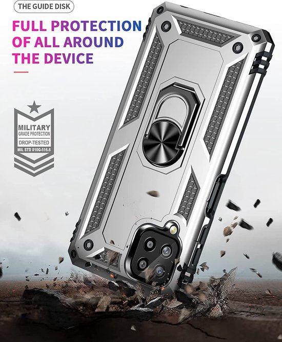 Samsung Galaxy A12 Hoesjes – Ring Armor Backcover – 360° Draaibare Standaard – Magneet – Zilver-Ilumina Benelux