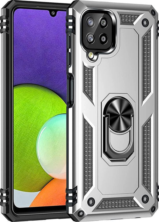 Samsung Galaxy A12 Hoesjes – Ring Armor Backcover – 360° Draaibare Standaard – Magneet – Zilver-Ilumina Benelux