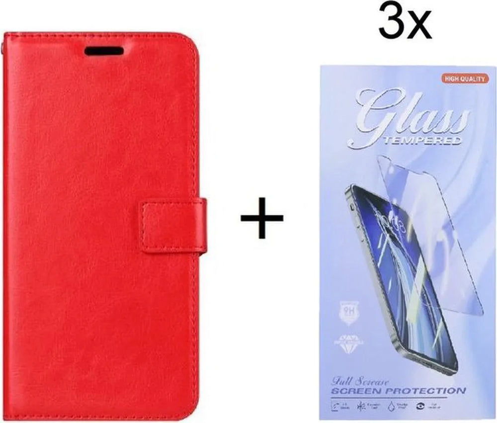 Samsung Galaxy A13 4G Hoesjes – Portemonnee Hoes – Magneetsluiting – 3 Pasjes – 3x Gehard Glas Screenprotector – Rood-Ilumina Benelux