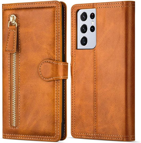 Samsung Galaxy A13 5G / A04s Hoesjes – Bookcase Portemonneehoes – Ritssluiting – 5 Pasjeshouder – Lichtbruin-Ilumina Benelux
