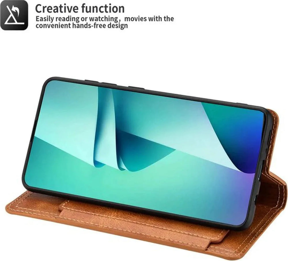 Samsung Galaxy A13 5G / A04s Hoesjes – Bookcase Portemonneehoes – Ritssluiting – 5 Pasjeshouder – Lichtbruin-Ilumina Benelux