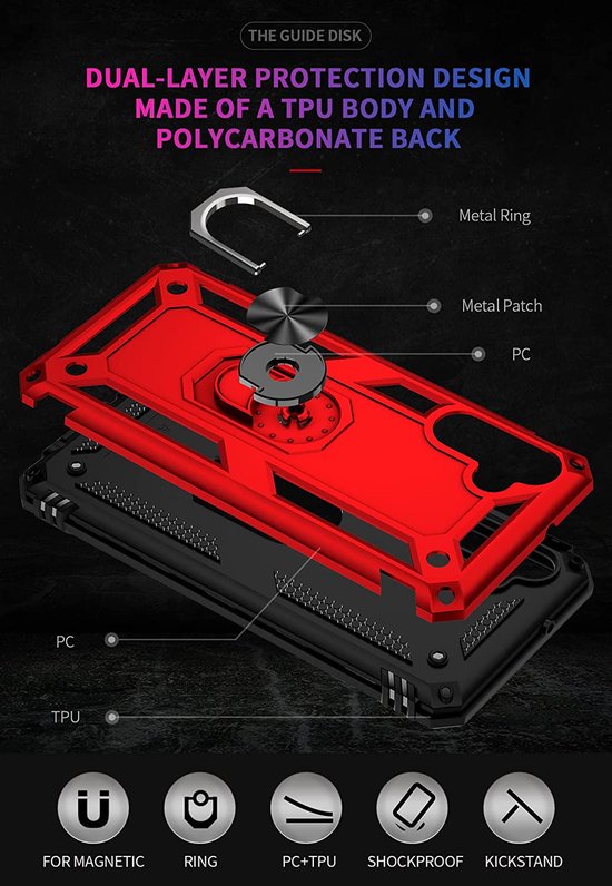 Samsung Galaxy A13 5G / A04s Hoesjes – Ring Armor Backcover – 360° Draaibare Standaard – Magneet – Rood-Ilumina Benelux