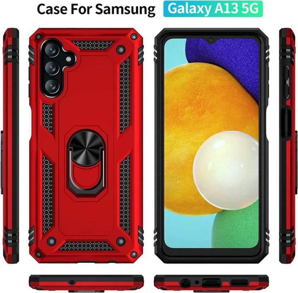 Samsung Galaxy A13 5G / A04s Hoesjes – Ring Armor Backcover – 360° Draaibare Standaard – Magneet – Rood-Ilumina Benelux