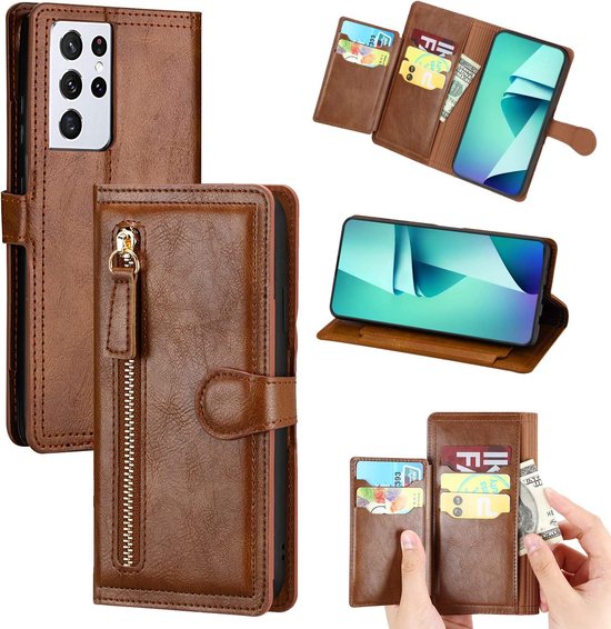 Samsung Galaxy A13 5G Hoesjes – Bookcase Portemonneehoes – Ritssluiting – 5 Pasjeshouder – Donkerbruin-Ilumina Benelux