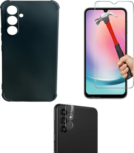 Samsung Galaxy A15 Hoesjes – Anti-Shock Siliconen Backcover – Screenprotector Gehard Glas + Camera Lens Protector – Zwart-Ilumina Benelux