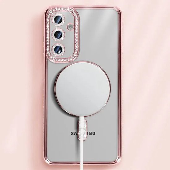 Samsung Galaxy A16 Hoesjes – MagSafe Glitter Backcover – Strass Diamantjes – Glamour – Roségoud-Ilumina Benelux