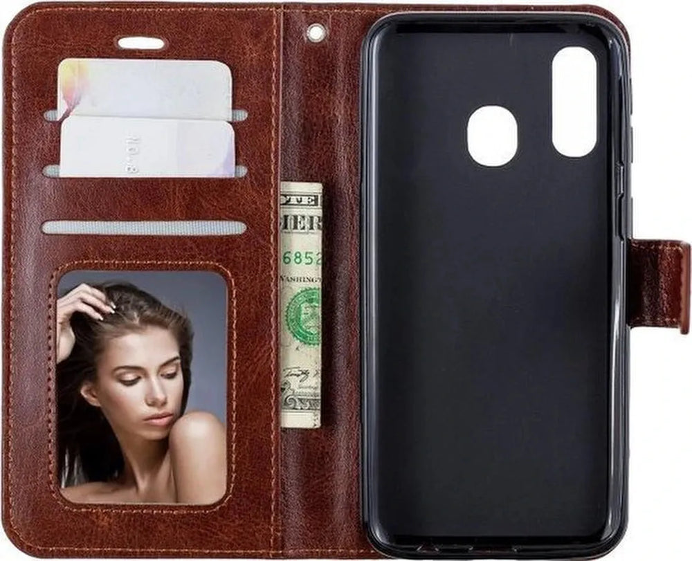 Samsung Galaxy A20E Hoesjes – Portemonnee Hoes – Pasjeshouder – Bookcase – Bruin-Ilumina Benelux