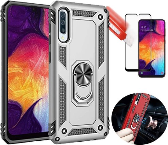 Zilveren Samsung Galaxy A20e Ring Armor backcover met schokbestendige bumper, ringhouder en screenprotector.