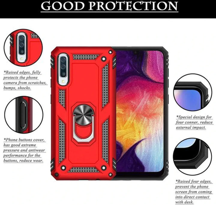 Samsung Galaxy A20e Hoesjes – Rugged Ring Armor Backcover – Schokbestendig – Rood-Ilumina Benelux