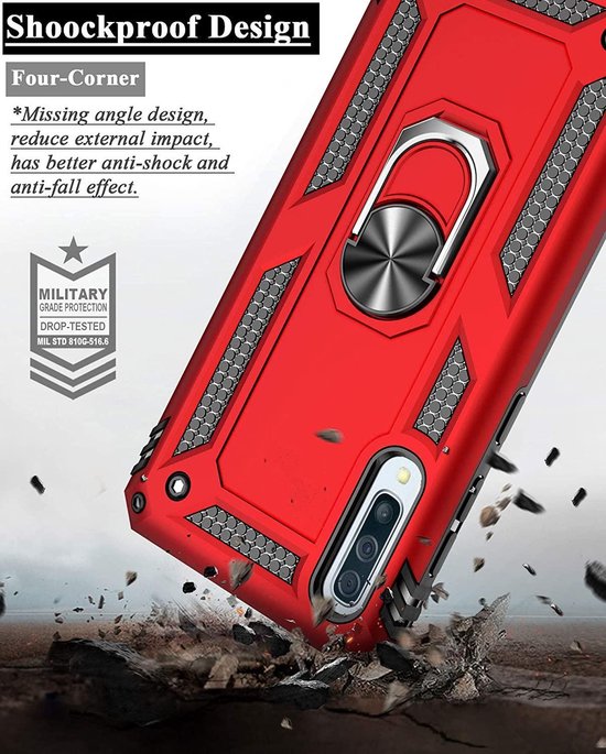 Samsung Galaxy A20e Hoesjes – Rugged Ring Armor Backcover – Schokbestendig – Rood-Ilumina Benelux