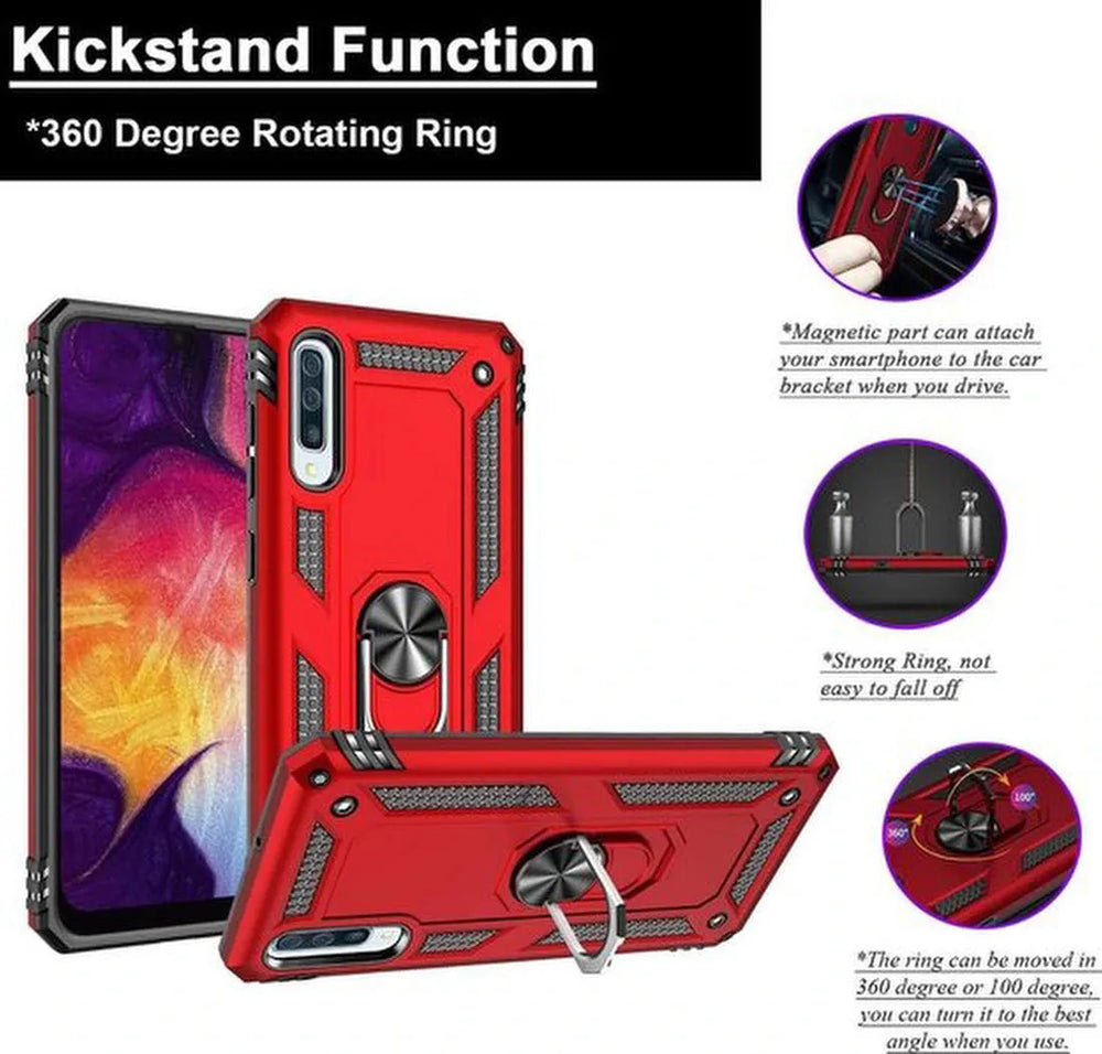 Samsung Galaxy A20e Hoesjes – Rugged Ring Armor Backcover – Schokbestendig – Rood-Ilumina Benelux