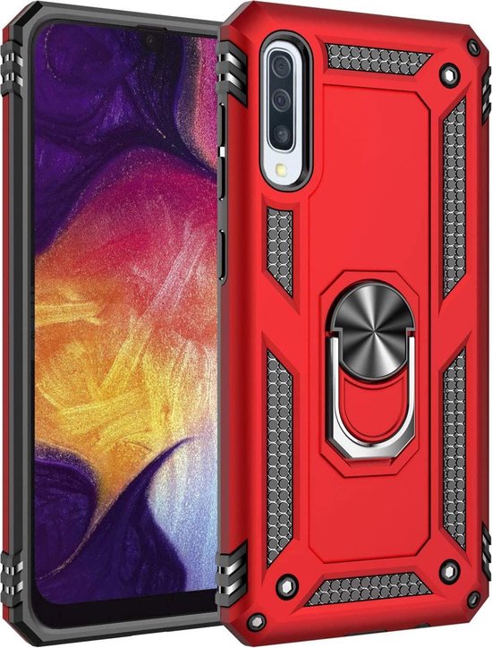 Samsung Galaxy A20e Hoesjes – Rugged Ring Armor Backcover – Schokbestendig – Rood-Ilumina Benelux