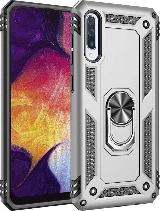 Samsung Galaxy A20e Hoesjes – Rugged Ring Armor Backcover – Schokbestendig – Zilver-Ilumina Benelux