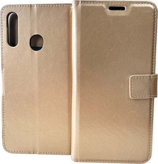 Samsung Galaxy A20S Hoesjes – Portemonnee Bookcase – Pasjeshouder – Magneetsluiting – Goud-Ilumina Benelux