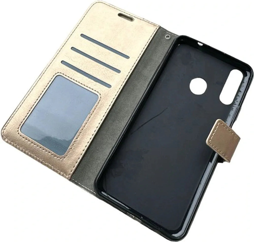Samsung Galaxy A20S Hoesjes – Portemonnee Bookcase – Pasjeshouder – Magneetsluiting – Goud-Ilumina Benelux