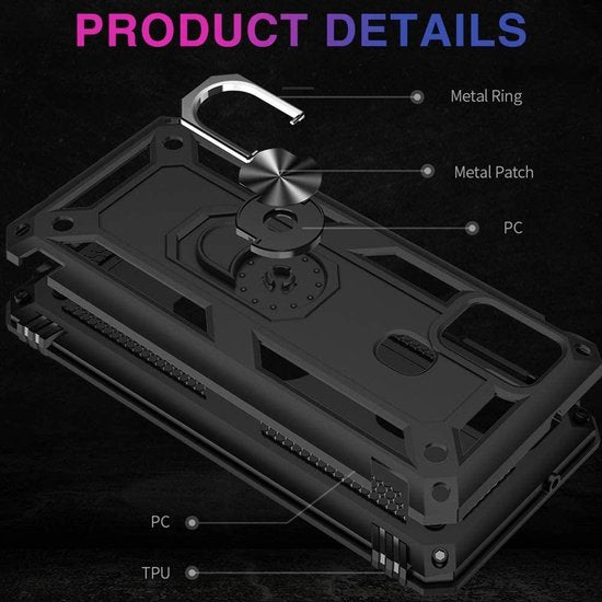 Zilveren Samsung Galaxy A21S Ring Armor backcover met metalen ring, schokbestendig PC en TPU materiaal.