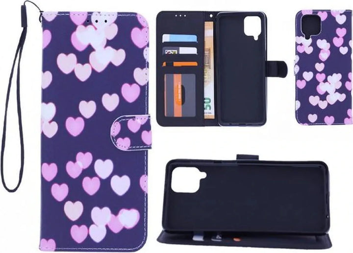 Samsung Galaxy A22 4G Hoesjes – Bookcase Portemonnee Hoes – Magneetsluiting – Hearts Print – Roze-Ilumina Benelux