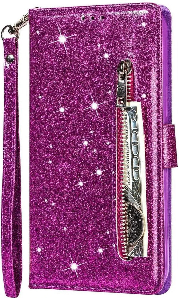 Samsung Galaxy A22 4G Hoesjes – Glitter Portemonnee Case – Rits – Koord – Pasjeshouder – Paars-Ilumina Benelux