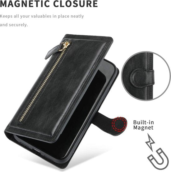 Samsung Galaxy A22 5G Hoesjes – Bookcase Portemonnee Hoes – Ritssluiting – 5 Pasjeshouder – Zwart-Ilumina Benelux