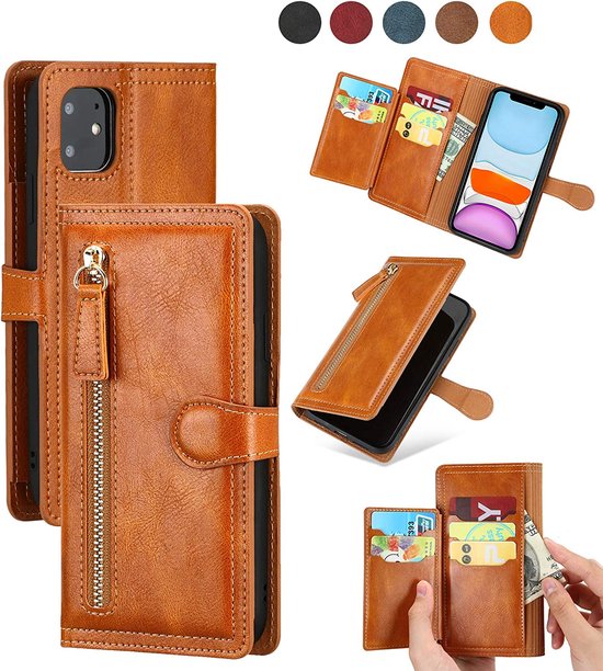 Samsung Galaxy A22 5G Hoesjes – Bookcase Portemonneehoes – Ritssluiting – 5 Pasjeshouder – Lichtbruin-Ilumina Benelux