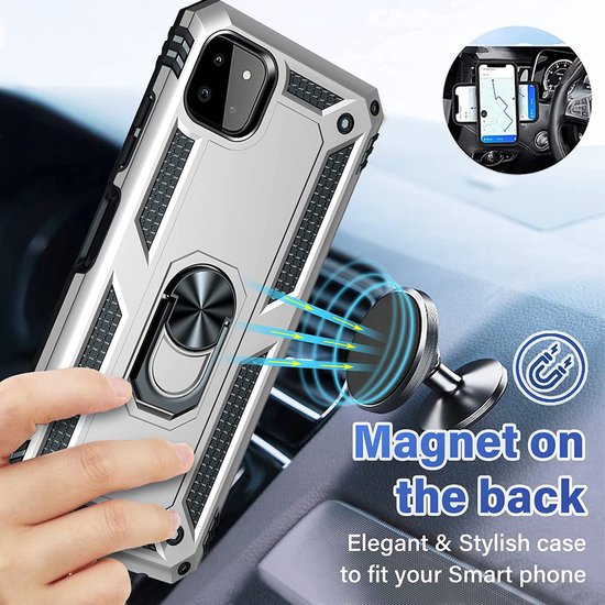Samsung Galaxy A22 5G Hoesjes – Ring Armor Backcover – 360° Draaibare Standaard – Magneet – Zilver-Ilumina Benelux