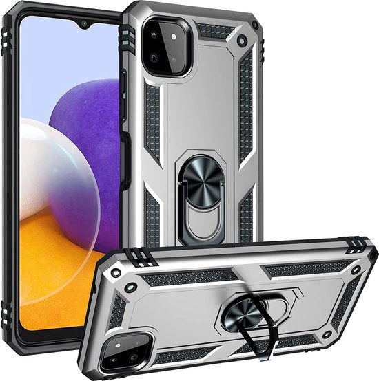 Samsung Galaxy A22 5G Hoesjes – Ring Armor Backcover – 360° Draaibare Standaard – Magneet – Zilver-Ilumina Benelux