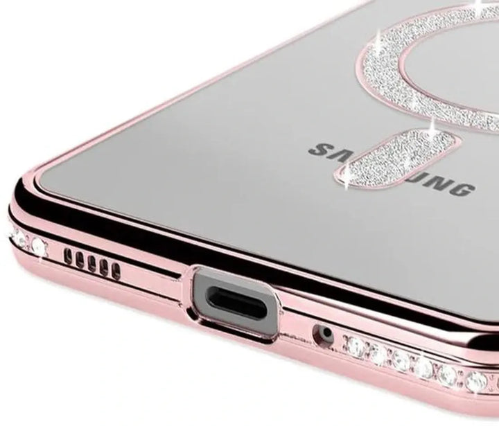 Samsung Galaxy A25 Hoesjes – MagSafe Glitter Backcover – Strass Diamantjes – Glamour – Roségoud-Ilumina Benelux