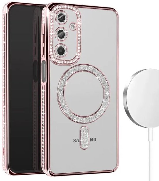 Samsung Galaxy A25 Hoesjes – MagSafe Glitter Backcover – Strass Diamantjes – Glamour – Roségoud-Ilumina Benelux