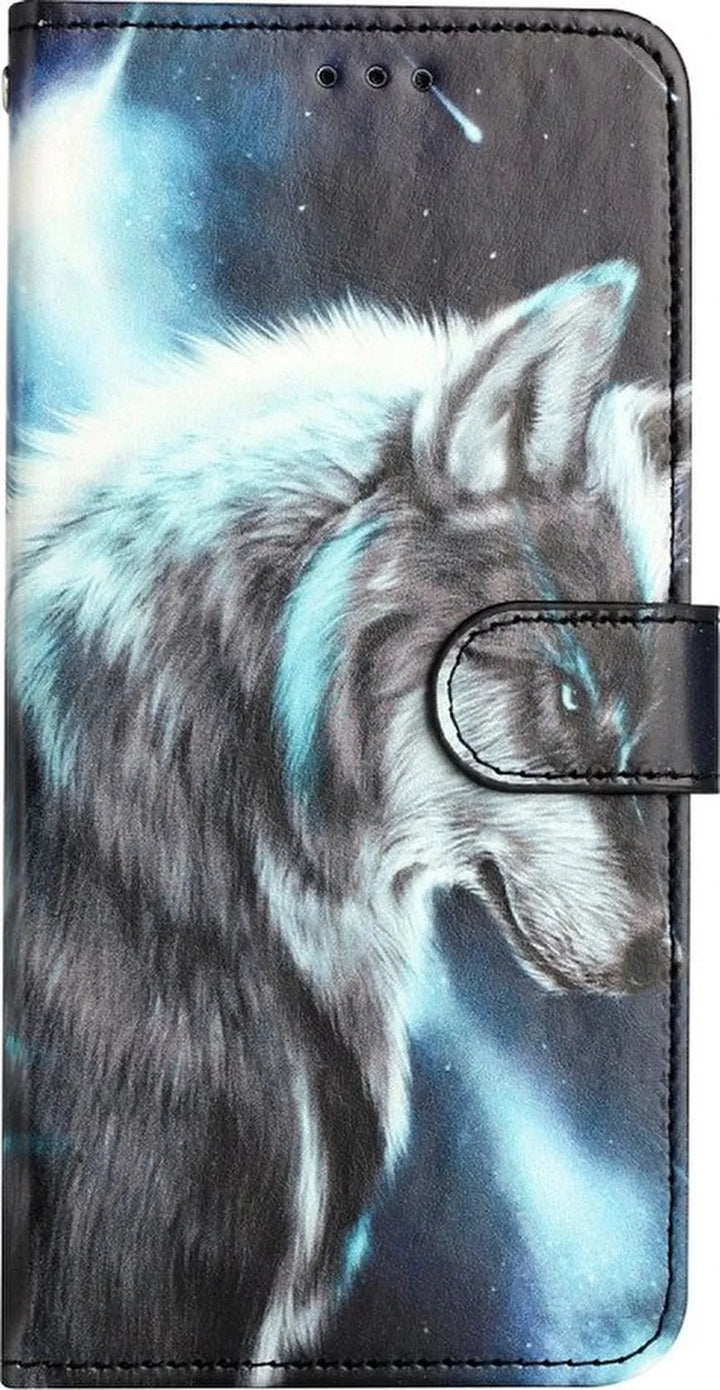 Samsung Galaxy A32 5G Hoesjes – Bookcase Portemonneehoes – Magneetsluiting – Lone Wolf Print-Ilumina Benelux