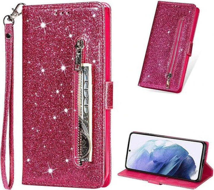Samsung Galaxy A32 5G Hoesjes – Glitter Portemonneehoes – Rits – Koord – Pasjeshouder – Roze-Ilumina Benelux