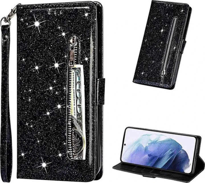 Samsung Galaxy A32 5G Hoesjes – Glitter Portemonneehoes – Rits – Koord – Pasjeshouder – Zwart-Ilumina Benelux