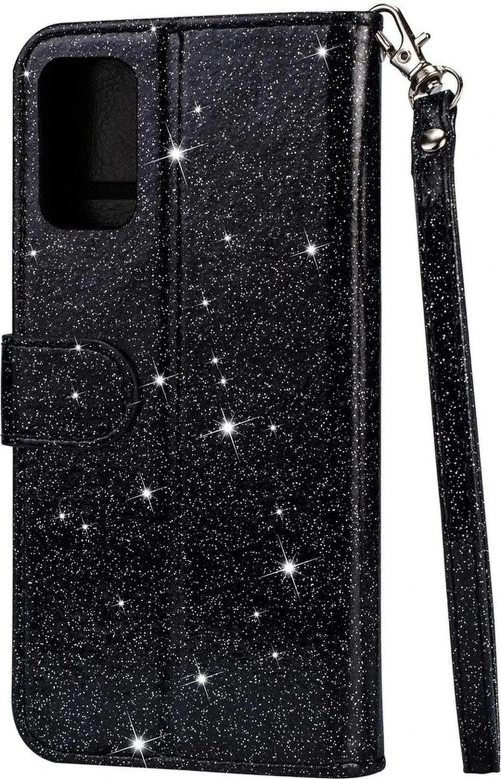 Samsung Galaxy A32 5G Hoesjes – Glitter Portemonneehoes – Rits – Koord – Pasjeshouder – Zwart-Ilumina Benelux