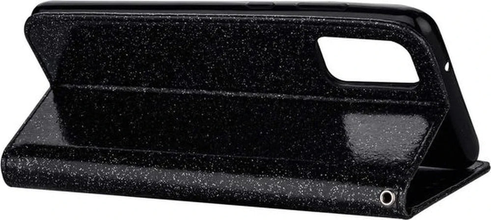 Samsung Galaxy A32 5G Hoesjes – Glitter Portemonneehoes – Rits – Koord – Pasjeshouder – Zwart-Ilumina Benelux