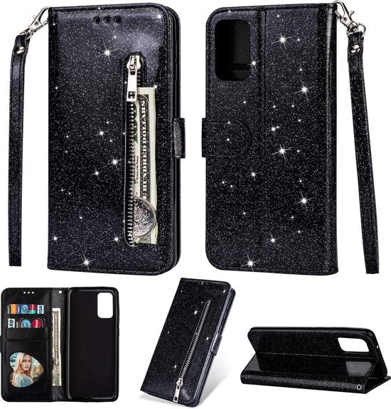 Samsung Galaxy A32 5G Hoesjes – Glitter Portemonneehoes – Rits – Koord – Pasjeshouder – Zwart-Ilumina Benelux