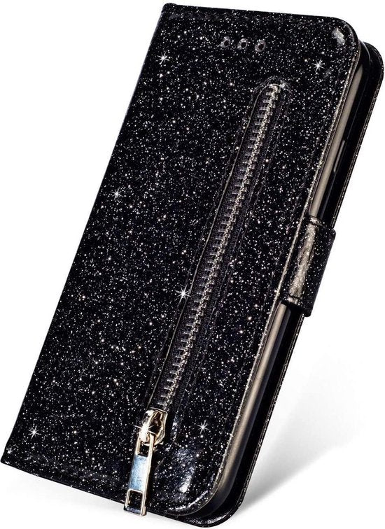 Samsung Galaxy A32 5G Hoesjes – Glitter Portemonneehoes – Rits – Koord – Pasjeshouder – Zwart-Ilumina Benelux