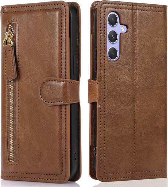 Samsung Galaxy A35 Hoesjes – Flipcover Portemonnee – Magneetsluiting – 5 Pasjeshouder – Donkerbruin-Ilumina Benelux