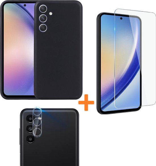 Samsung Galaxy A35 Hoesjes – Siliconen Backcover – Incl. Screenprotector Gehard Glas + Camera Lens Protector – Zwart-Ilumina Benelux