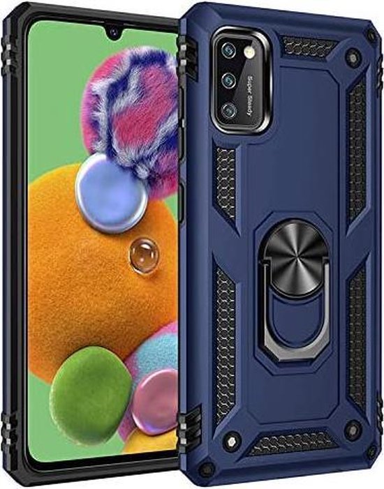 Donkerblauwe, schokbestendige Samsung Galaxy A41 hoes met ringstandaard en robuuste bumper.