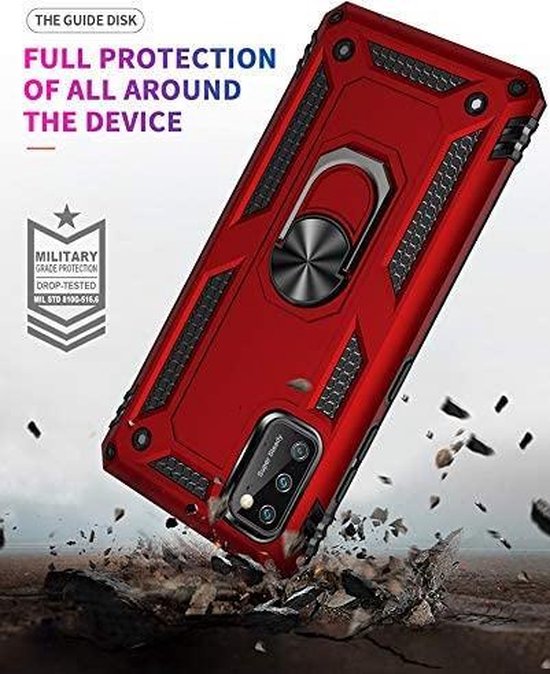 Rood schokbestendig Ring Armor backcover hoesje voor Samsung Galaxy A41 met geïntegreerde ringhouder.