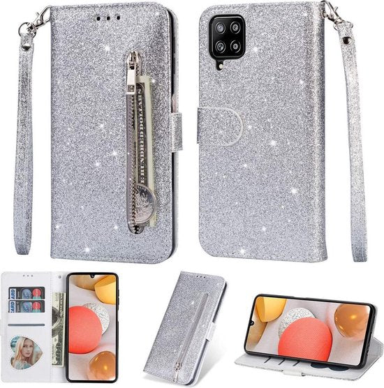 Samsung Galaxy A42 Hoesjes – Glitter Portemonnee Case – Rits & Koord – Pasjeshouder – Zilver-Ilumina Benelux
