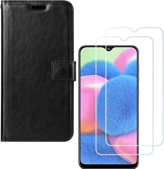 Samsung Galaxy A50S Hoesjes – Portemonnee Bookcase – Magneetsluiting – 2x Gehard Glas Screenprotector – Zwart-Ilumina Benelux