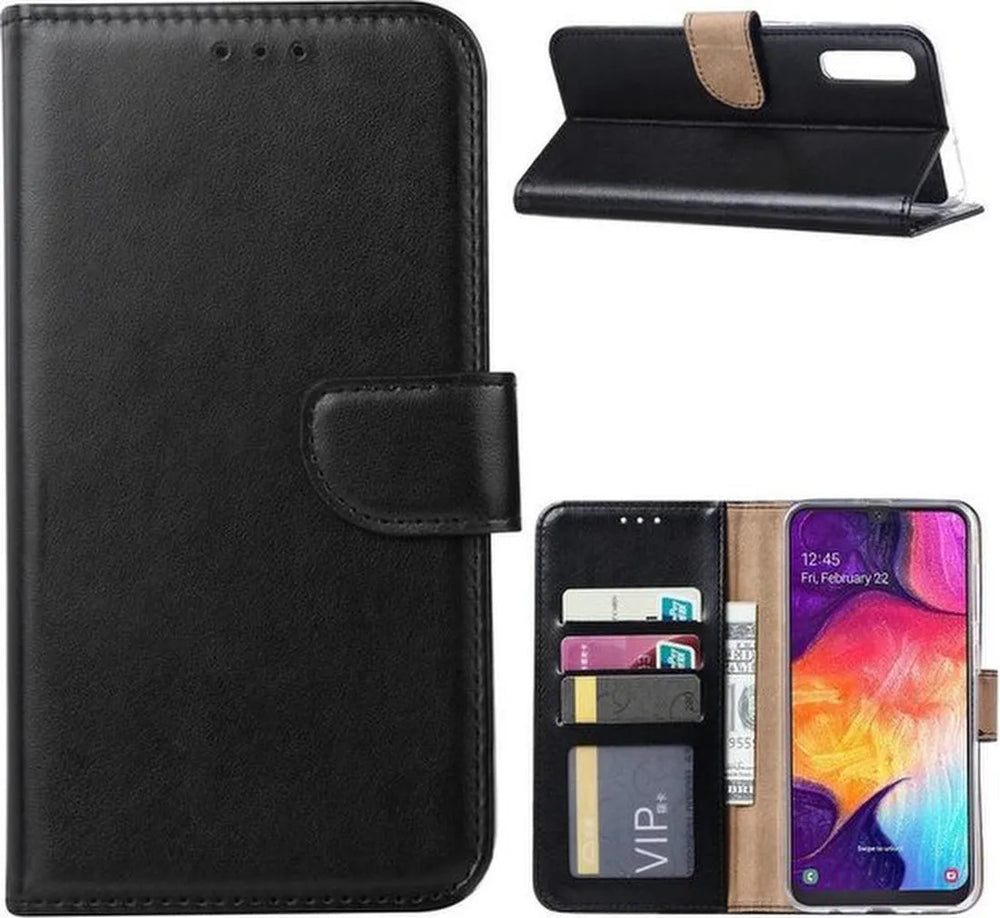 Samsung Galaxy A50S Hoesjes – Portemonnee Bookcase – Magneetsluiting – 2x Gehard Glas Screenprotector – Zwart-Ilumina Benelux