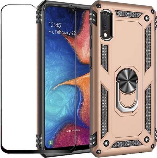 Goudkleurige Ring Armor backcover voor Samsung Galaxy A50S met schokbestendige constructie en geïntegreerde ring, inclusief screenprotector.