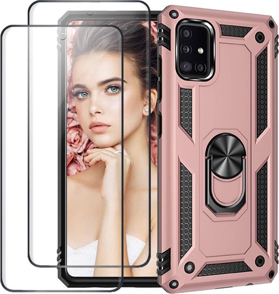 Roségoud Samsung Galaxy A51 Ring Armor Backcover met schokbestendig design, geïntegreerde ringhouder en twee screenprotectors.