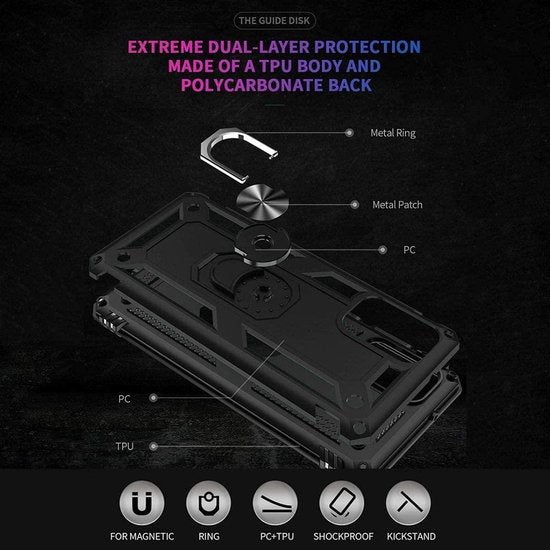 Zilveren Samsung Galaxy A51 Ring Armor backcover met schokbestendige TPU/PC constructie en metalen ringhouder.