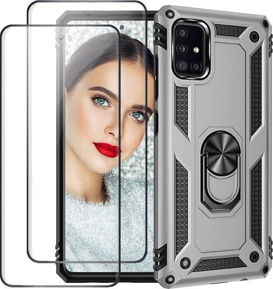 Zilveren ring armor backcover voor Samsung Galaxy A51 met schokbestendige hoeken en twee screenprotectors.